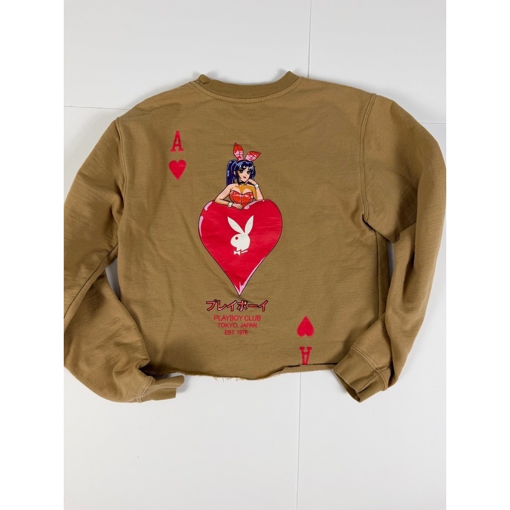 Playboy Bunny Anime Ace of Hearts Graphic Cropped Sweatshirt Brown Small